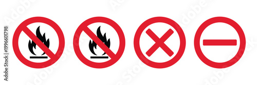 Prohibition icons no fire no entry cancel symbols red circle vector illustration for safety rules warning signs and restricted access areas