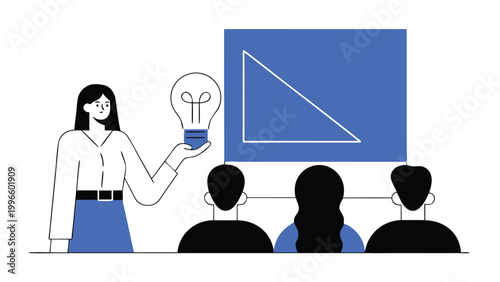 Female teacher or mentor presenting creative ideas to students with a light bulb and geometry chart, concept of education, training workshop, and innovative learning. Flat vector illustration isolated