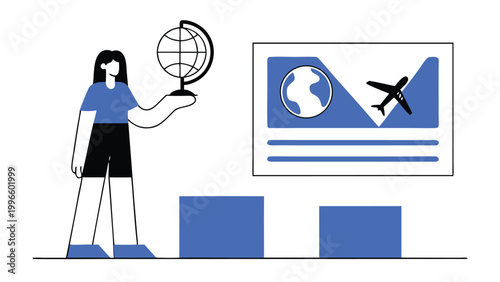 Woman planning a trip with globe, suitcase, and airplane, concept of global travel, vacation planning, international tourism, and summer holidays. Flat vector illustration isolated on white