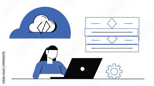 Female programmer working on laptop with cloud computing and data server icons, concept of software development, web coding, and database management. Flat vector illustration isolated on white