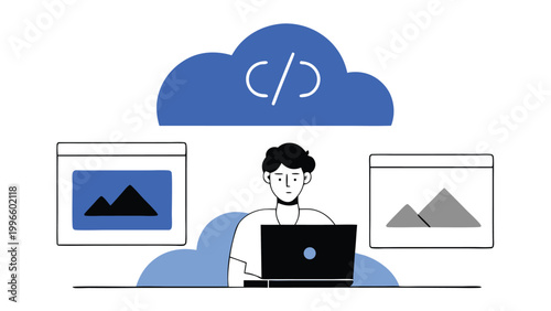 Female programmer working on laptop with cloud computing and data server icons, concept of software development, web coding, and database management. Flat vector illustration isolated on white
