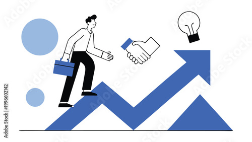 Businessman climbing upward growth arrow with bar charts, concept of business success, financial progress, and career development. Flat vector illustration isolated on white background