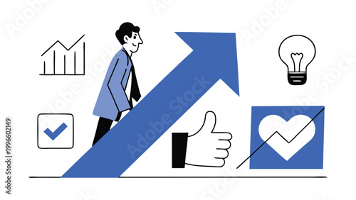 Businessman climbing upward growth arrow with bar charts, concept of business success, financial progress, and career development. Flat vector illustration isolated on white background