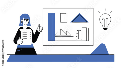 Female architect or developer holding a building blueprint with home and idea icons, concept of real estate project, urban planning, and construction strategy. Flat vector illustration isolated on whi