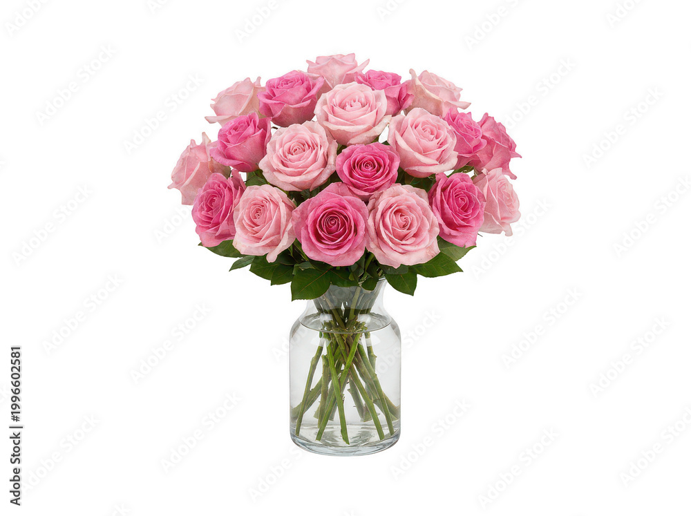 Obraz premium Lush bouquet of fresh blooming pink roses in a clear glass vase with water isolated transparent background image