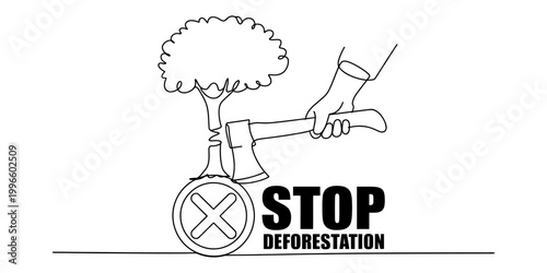 Hand chopping a tree with an axe, stop deforestation symbol, environmental protection concept Vector, illustration