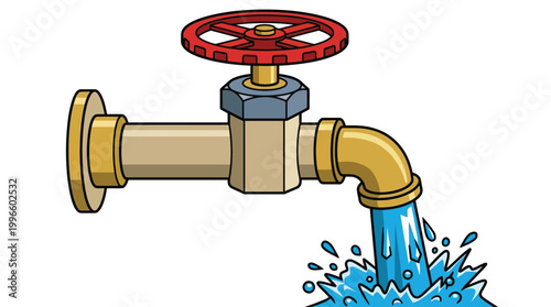 Industrial metal water tap faucet with red valve wheel and flowing blue water splash