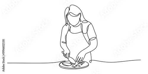 One line drawing of a woman wearing an apron, chopping vegetables on a cutting board with a knife, preparing food in the kitchen. Vector, illustration