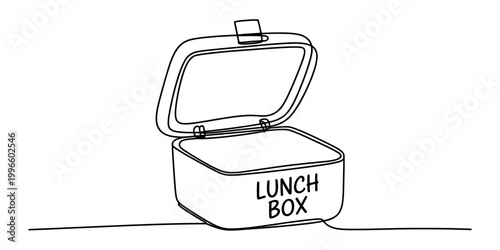 Open lunch box with the words lunch box written on the side, simple line art style Vector, illustration