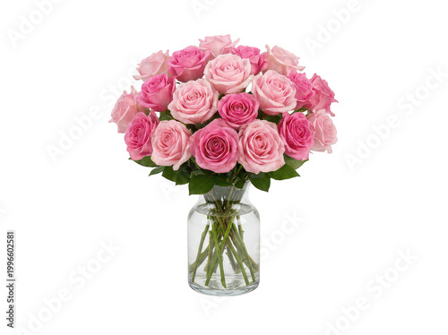 Lush bouquet of fresh blooming pink roses in a clear glass vase with water isolated transparent background image