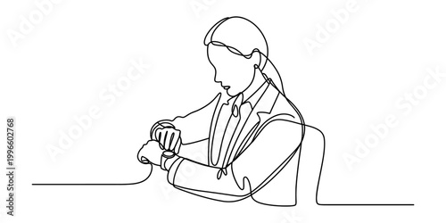 Business woman in suit checking her watch, one line drawing style, waiting, punctual, time management concept Vector, illustration