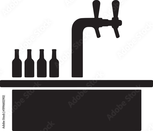 Modern bar counter with 2 beer taps and 4 bottles icon illustration featuring a drink