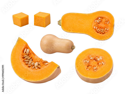 Fotografía Fresh butternut squash, presented in various cuts including cubes and slices