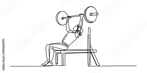 Man doing bench press with barbell on weight bench, continuous line drawing