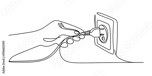 Hand plugging an electrical cord into a wall socket, continuous line drawing