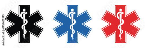 Star of Life EMS icons with Rod of Asclepius medical symbol vector for emergency healthcare ambulance service and rescue identification