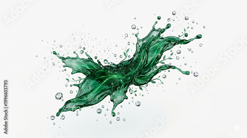 Emerald green botanical essence splash on white