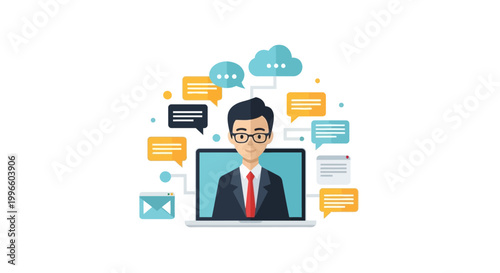 Vector illustration of a professional businessman in a suit on a laptop screen surrounded by speech bubbles, chat icons, cloud storage symbols, and email icons on white background.