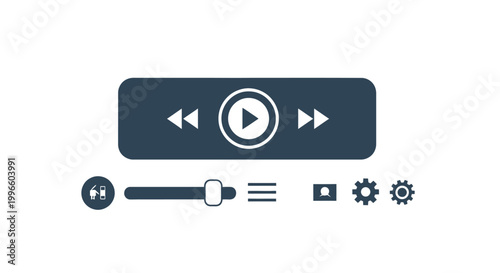 Set of flat minimalist video playback and conferencing user interface icons including play, rewind, fast forward, volume slider, settings gears, and menu on a white background.