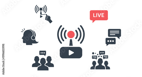 Flat vector icon set for webinar and live streaming featuring broadcasting antenna, video play button, online audience silhouettes, speech bubbles, and headset operator on white background.
