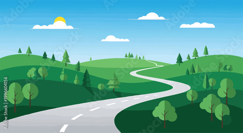 A serene landscape with a winding road through green hills