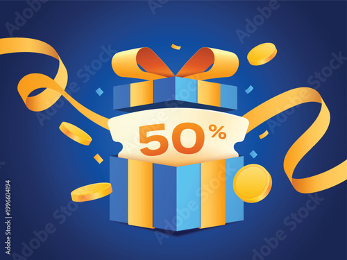 3d voucher pop up from gift box with golden money flying and ribbon