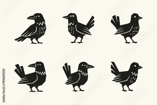 Stylized Black Bird Icon Set in Woodcut Style