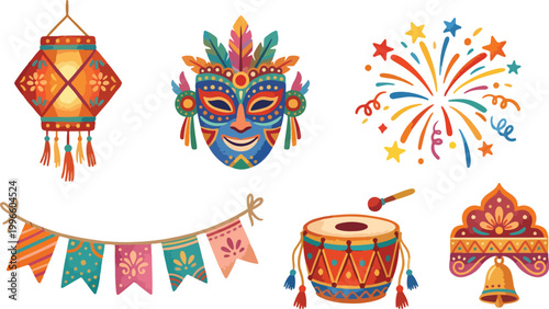 Festive Carnival Elements Set with Mask, Drum, Lantern, and Fireworks