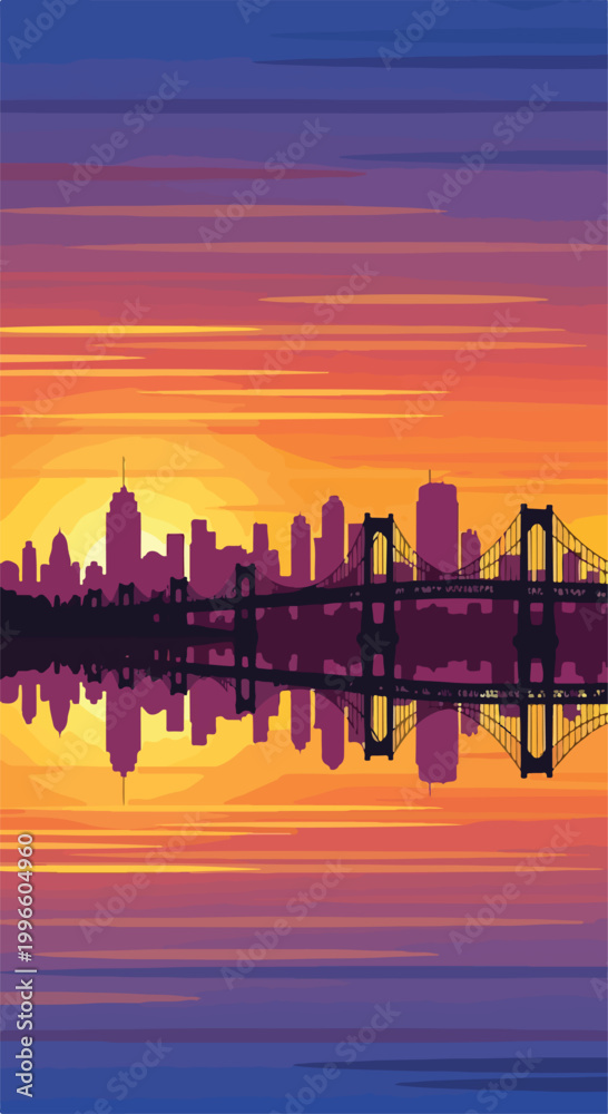 Obraz premium Cityscape at sunset with bridge and skyline