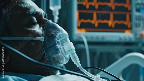 Hospital Intensive Care Unit Scene Depicts Patient Condition, Oxygen Mask and Monitors