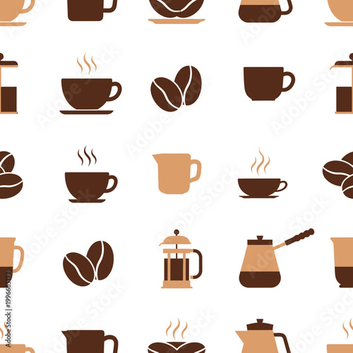 Coffee Pattern: Cups, Beans, French Press, Mugs