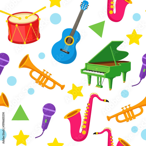 Colorful musical instruments seamless pattern