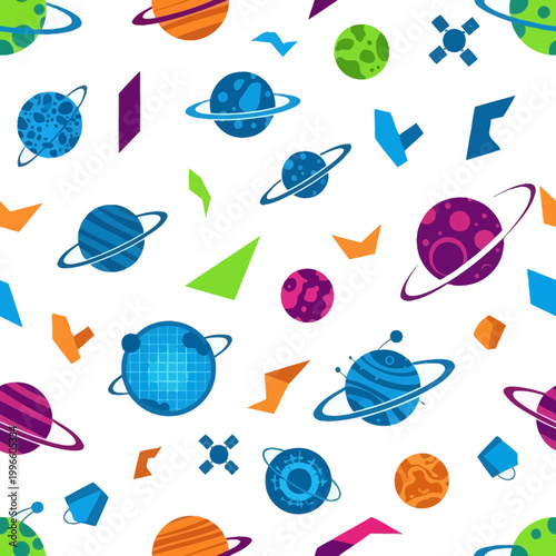 Colorful Planets and Geometric Shapes Seamless Pattern