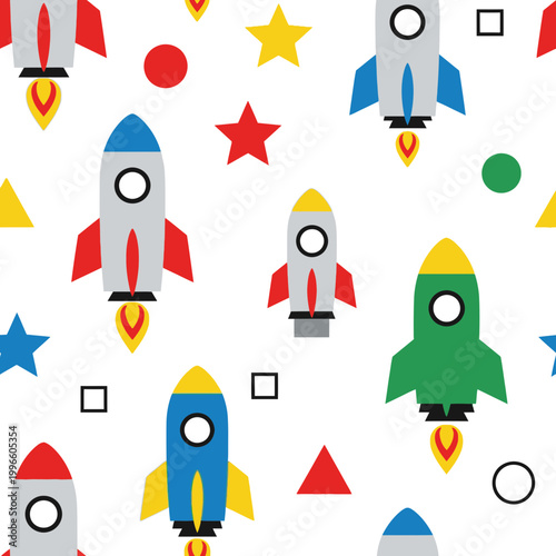 Colorful Rockets and Stars Seamless Pattern