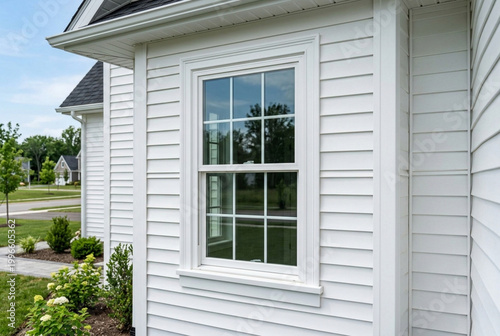 Double hung window with fixed top sash and bottom sash that slides up, sash divided by white grilles a surrounded by white elegant frame horizontal white vinyl siding on a new construction ... See Mor