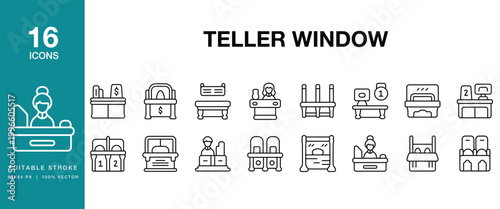 Teller Window icon set. Includes teller, window, counter, bank, banking, cashier and More. Editable Stroke Icon Collection.