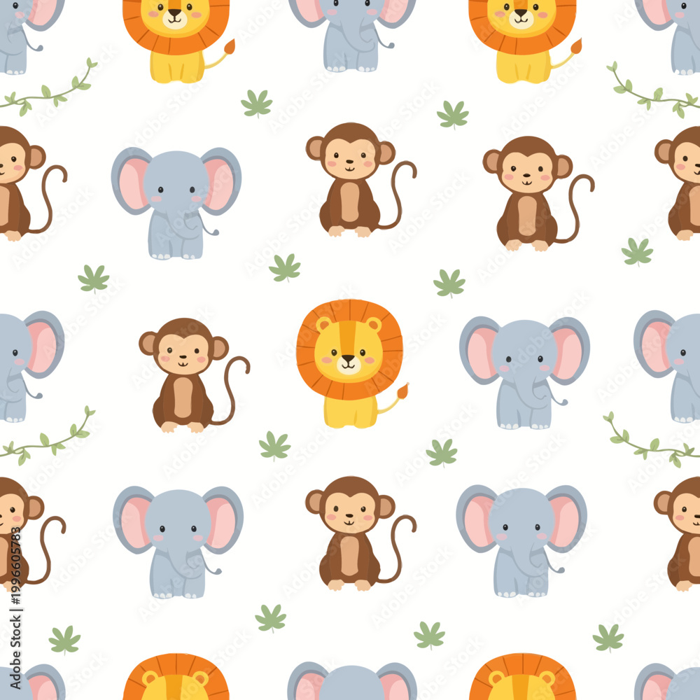 Fototapeta premium Cute Jungle Animals Seamless Pattern