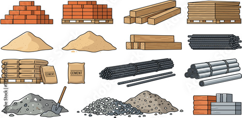 Comprehensive construction site building materials vector icon set featuring red bricks, timber lumber, sand, cement bags, steel rebar, pipes, and gravel piles.