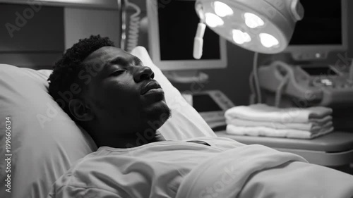 Hospital Patient's Unsettling Silence: Dramatic Medical Scene in Black and White