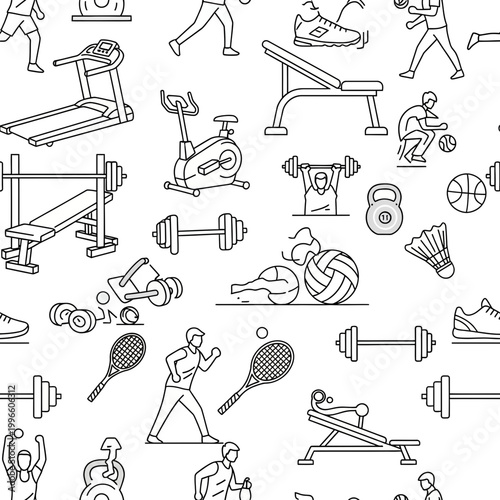 Fitness and Sport Line Art Seamless Pattern