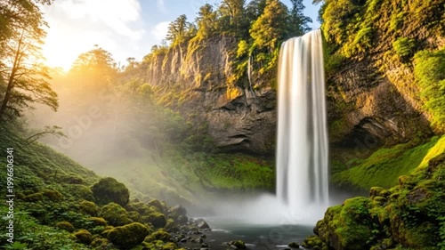 Tropical Waterfall Surrounded by Lush Green Jungle Foliage