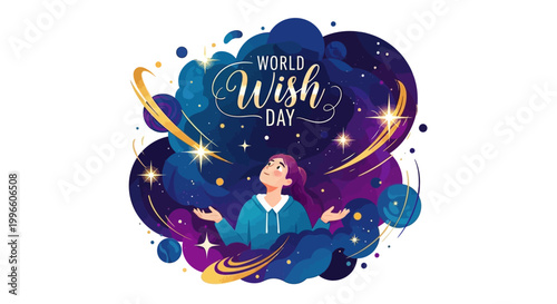 A vector illustration for World Wish Day depicts a person surrounded by dreamy sky elements like glowing stars and shooting stars, conveying a hope and inspiration illustration