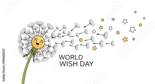 A happy dandelion illustration shedding seeds that transform into stars, embodying the World Wish Day concept against a clean white background with a hopeful mood and whimsical style