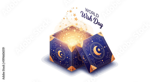 A magical wish illustration showcases an open, ornate box releasing glowing stars against a clean white background, symbolizing hope and dreams, designed with a dreamy aesthetic for World