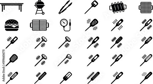 Set of BBQ and Grilling Tools Icons Including Grills, Burger, Tongs, and Cooking Accessories for Outdoor Cooking and Barbecue Designs