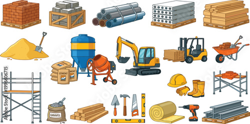 Extensive construction site building materials and machinery vector icon set with excavator, forklift, bricks, timber, pipes, tools, and safety gear.