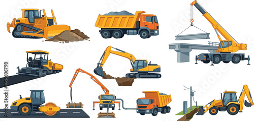 Heavy duty industrial construction machinery vector icon set featuring excavator, bulldozer, dump truck, crane, road roller, asphalt paver, and concrete pump truck.