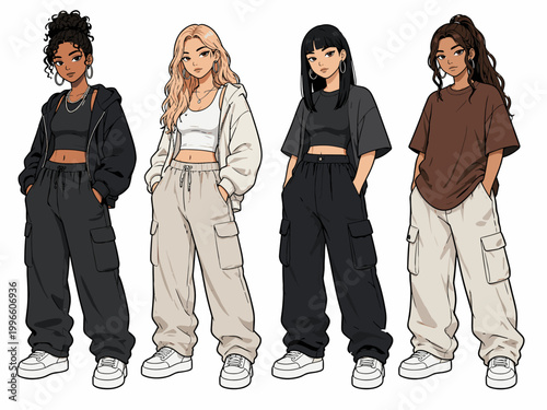 Four diverse young women pose in stylish urban street wear fashion illustration set