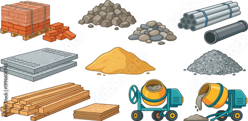 Industrial construction building materials vector icon set featuring red bricks on pallet, timber lumber, concrete mixer, pipes, sand, gravel, stone, and reinforced slabs.