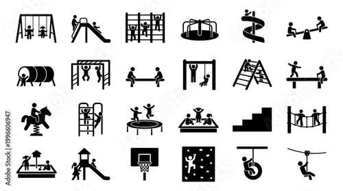 Children Play Outdoors: Icon Collection of Playground Activities and Games